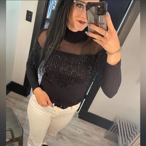 paola bernardi black mesh tassel fringe embellished long sleeve knit sweater new